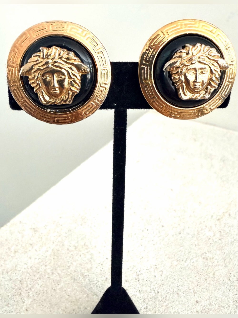 GIANNI VERSACE Vintage Medusa Greek Key Black Gold Clip-On Earrings